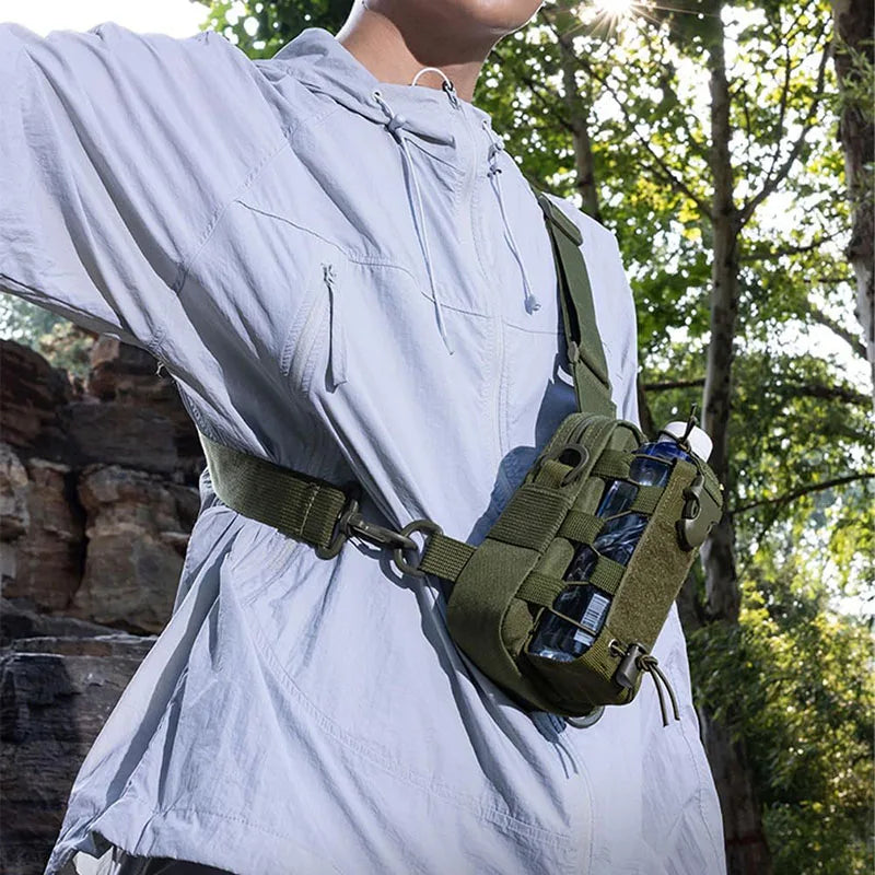 Cross chest bag and water bottle holder.