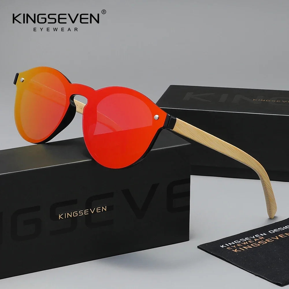 KINGSEVEN Luxury Retro One-piece Lens Round Bamboo Sunglasses Unisex Polarized UV400