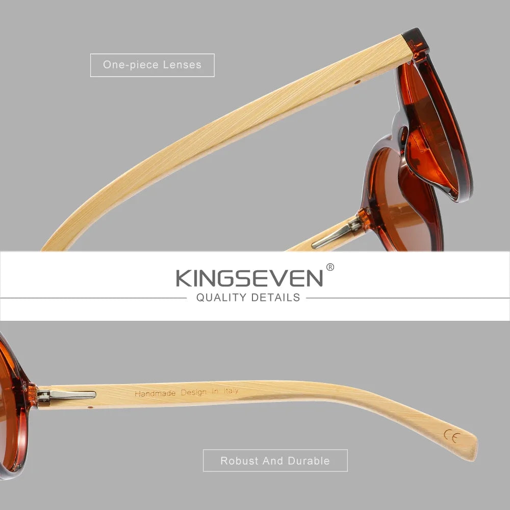 KINGSEVEN Luxury Retro One-piece Lens Round Bamboo Sunglasses Unisex Polarized UV400