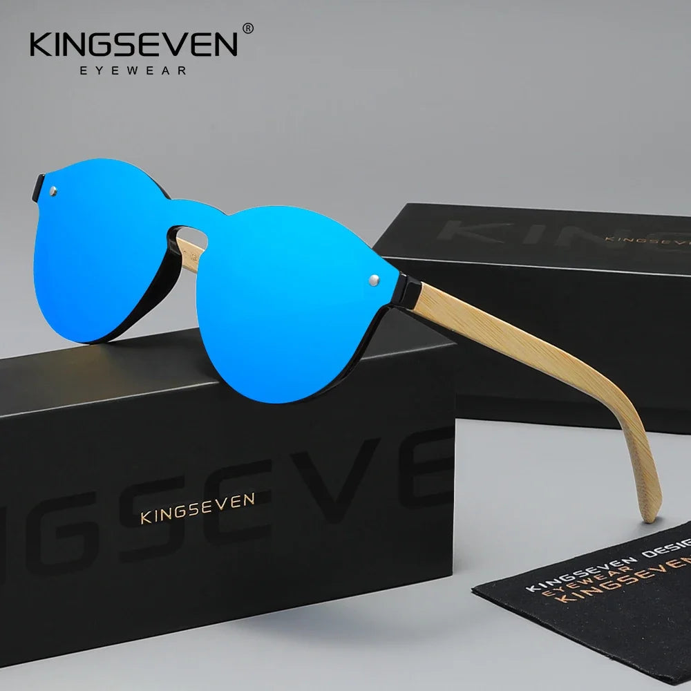 KINGSEVEN Luxury Retro One-piece Lens Round Bamboo Sunglasses Unisex Polarized UV400