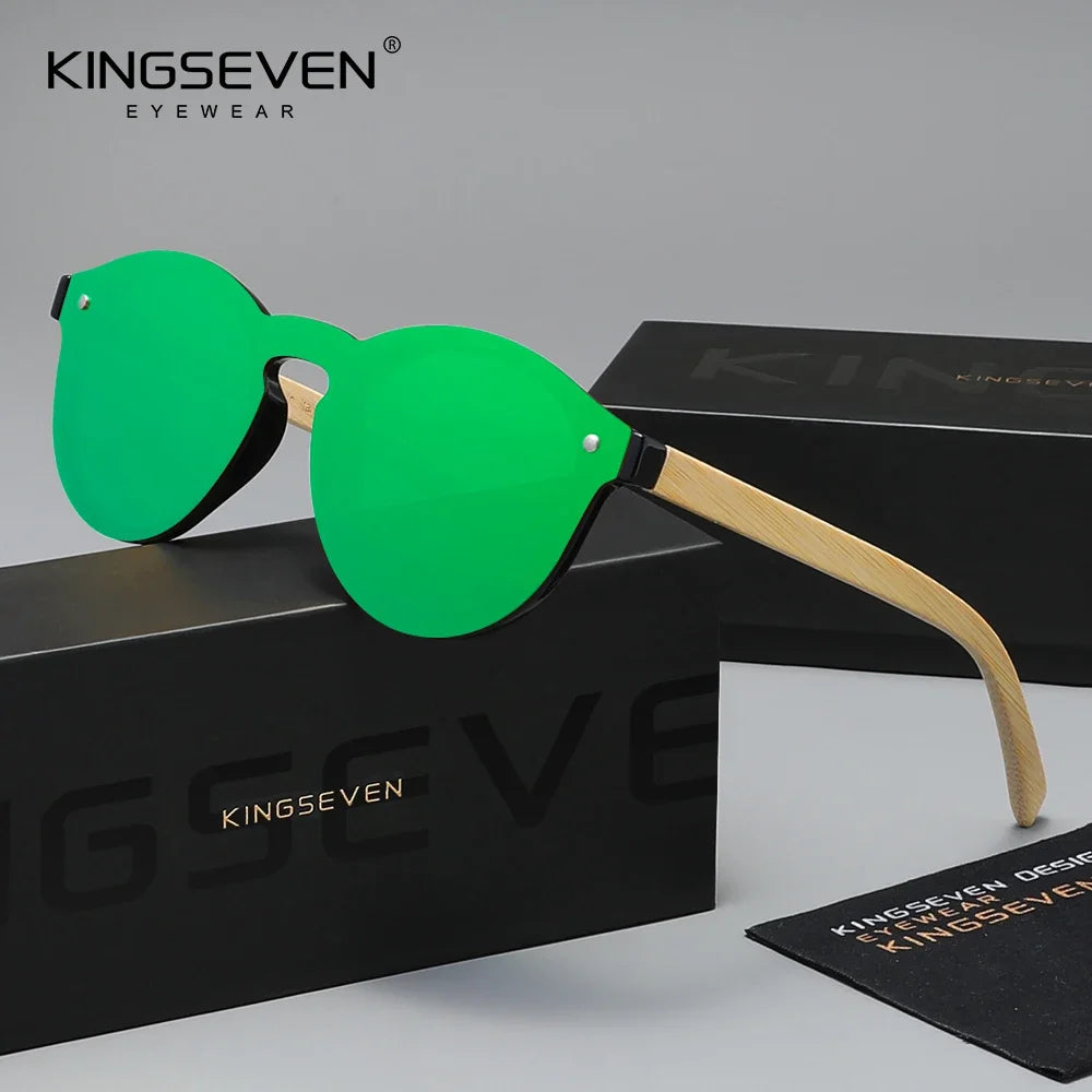 KINGSEVEN Luxury Retro One-piece Lens Round Bamboo Sunglasses Unisex Polarized UV400