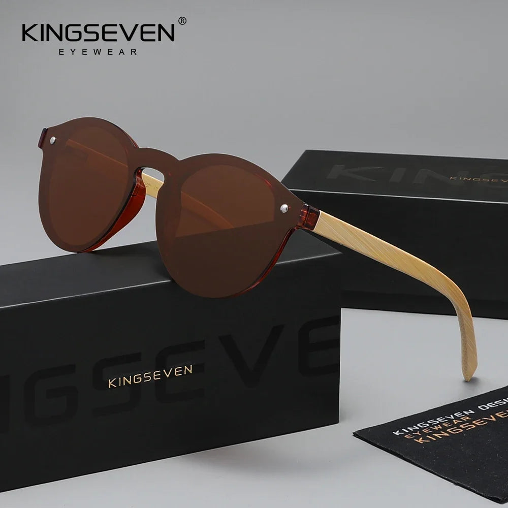 KINGSEVEN Luxury Retro One-piece Lens Round Bamboo Sunglasses Unisex Polarized UV400